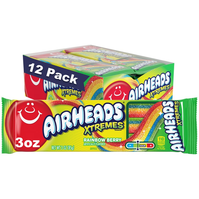 Airheads Xtremes Belts Halloween Trick or Treat Sweetly Sour Candy Rainbow Berry Flavor Individually Wrapped Bulk Candy for Adults Kids Movie Theater Party NonMelting 3 oz Pack of 12