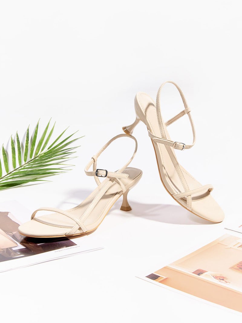 Coutgo Womens Strappy Heeled Sandals Kitten Low Heel Open Toe Ankle Strap Party Wedding Dress Shoes, Beige, Size 7.5 - Image 5