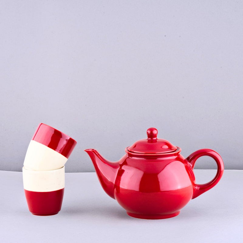 BlackCarrot Stoneware Ceramic Spouted Coffee Tea Brewing Pot or Serving Teapot (Red) and 2 Kulhads (White - Red) | Premium Kulhad-Kettle Set of 3 - Image 4