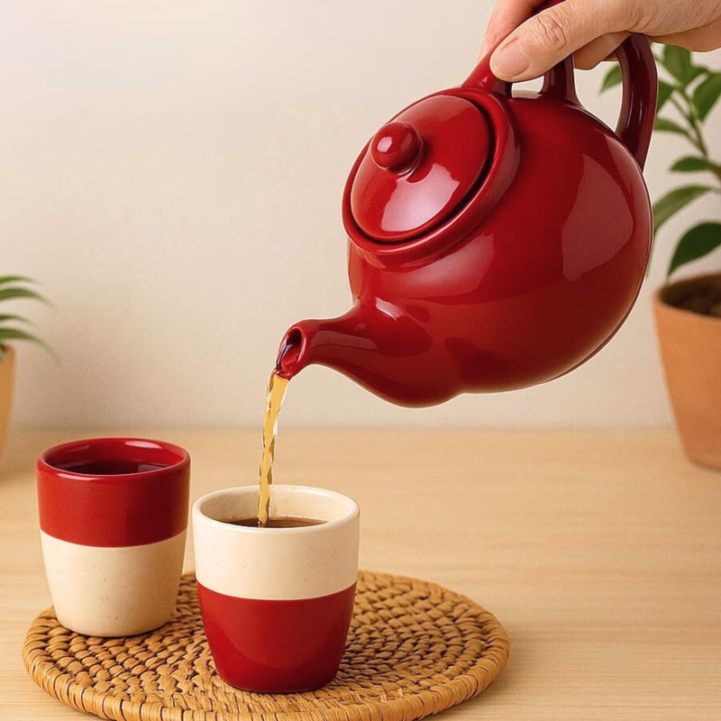 BlackCarrot Stoneware Ceramic Spouted Coffee Tea Brewing Pot or Serving Teapot (Red) and 2 Kulhads (White - Red) | Premium Kulhad-Kettle Set of 3 - Image 1