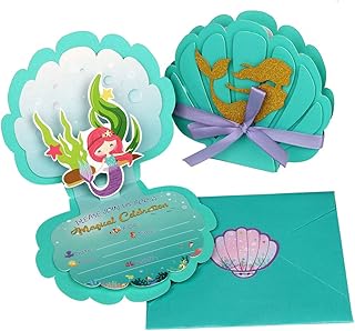 OurWarm 24pcs Mermaid Party Invitations, 3D Pearlescent Mermaid Birthday Party Supplies with Envelopes for Kids Girls - Image 1