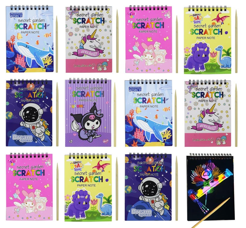 Asera كتاب فن الخدش مع قلم خشبي هدية عيد ميلاد للأطفال من جميع الفئات العمرية. (12 قطعة) - Image 1