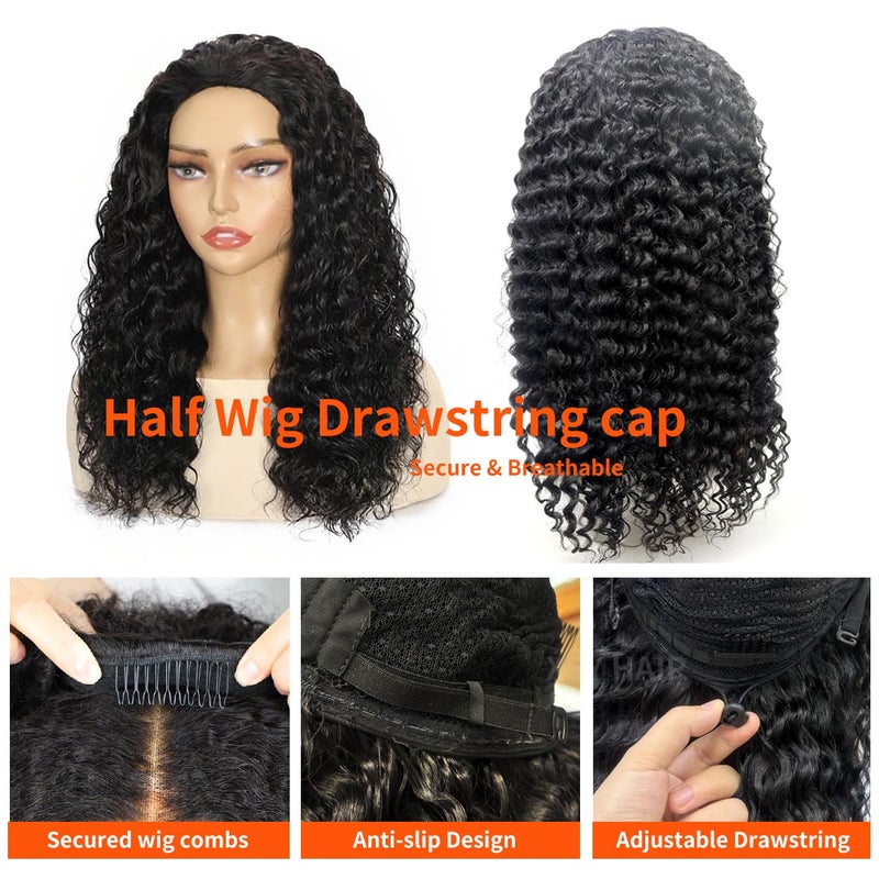 XSY Half Wig Human Hair Deep Wave 20 Inch Curly Human Hair Half Wig Drawstring Glueless Wear Go Half Wigs for Black Women 3 In 1 Seamles Flip Over Beginner Friendly 180% Density Natural Black Colour - Image 2