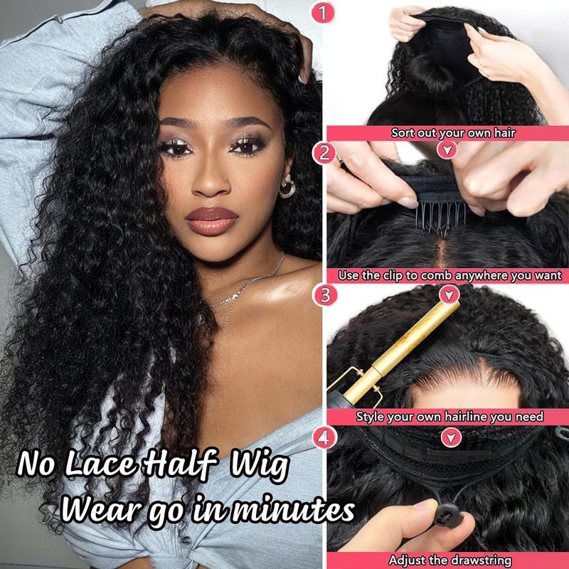 XSY Half Wig Human Hair Deep Wave 20 Inch Curly Human Hair Half Wig Drawstring Glueless Wear Go Half Wigs for Black Women 3 In 1 Seamles Flip Over Beginner Friendly 180% Density Natural Black Colour - Image 5