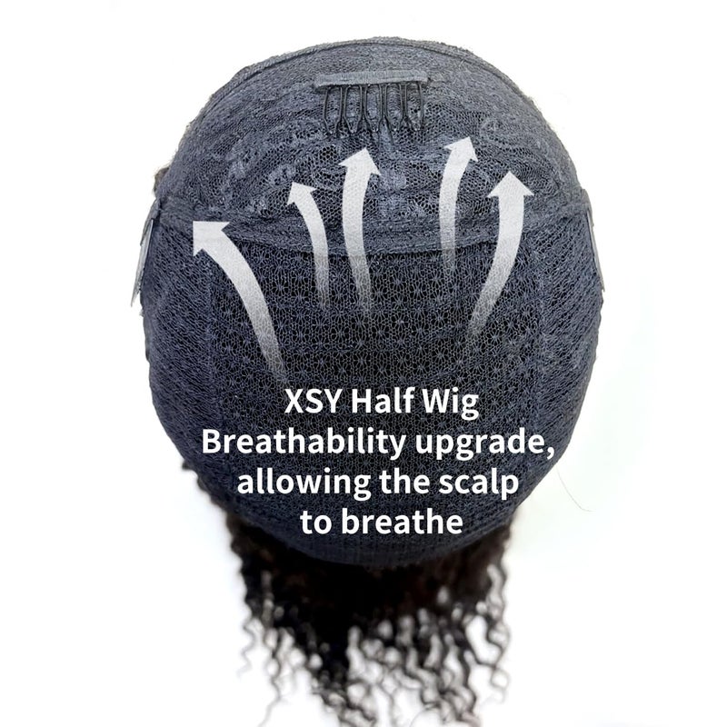 XSY Half Wig Human Hair Deep Wave 20 Inch Curly Human Hair Half Wig Drawstring Glueless Wear Go Half Wigs for Black Women 3 In 1 Seamles Flip Over Beginner Friendly 180% Density Natural Black Colour - Image 4