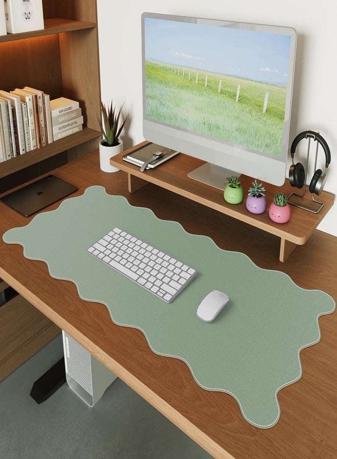iCasso Leather Desk Pad,Extra Large Mouse Pad for Laptop,Cute Scalloped Nail Table Mat for Women Girl,Non-Slip Keyboard Mat Green,Waterproof PU Desk Cover Mat for Office Home School - Image 1