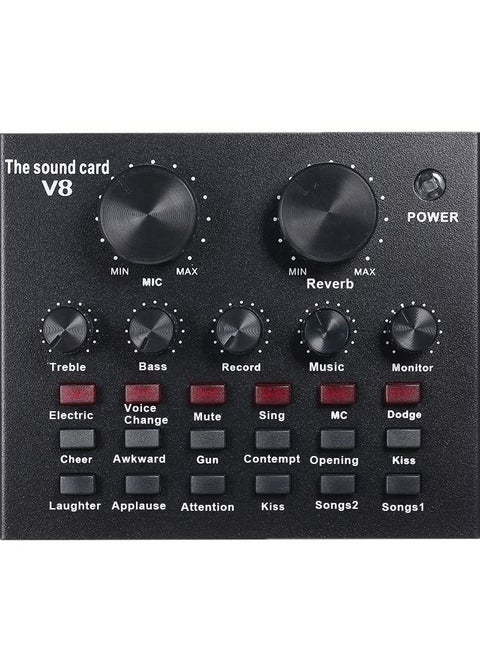 V8 Multifunctional Live Sound Card USB Audio Interface Intelligent Volume Adjustable Audio Mixer Sound Card for Recording Hosting Speech