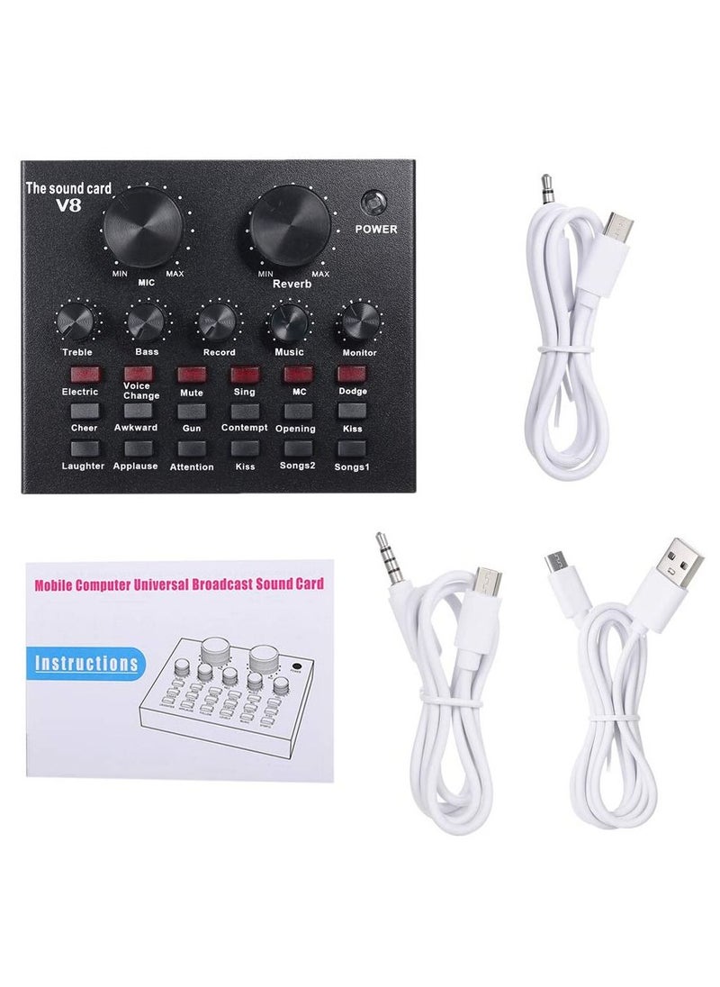 V8 Multifunctional Live Sound Card USB Audio Interface Intelligent Volume Adjustable Audio Mixer Sound Card for Recording Hosting Speech