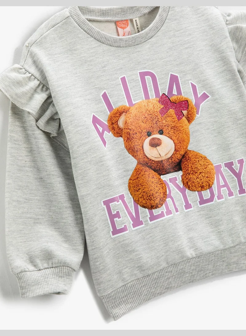 KOTON Teddy Bear Printed Ruffled Sweatshirt Long Sleeve Crew Neck