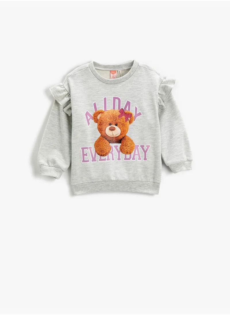 كوتون Teddy Bear Printed Ruffled Sweatshirt Long Sleeve Crew Neck