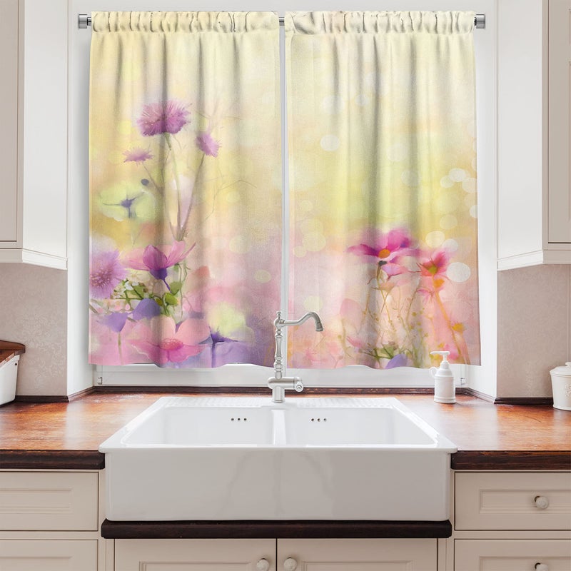 Ambesonne Flower Kitchen Curtains  Vintage Soft Colored Feminine Magnolia Blooms Whorls Motif Artwork Print  Window Drapes 2 Panel Set for Kitchen Cafe Decor  55"" x 39""  Yellow Pink - Image 2