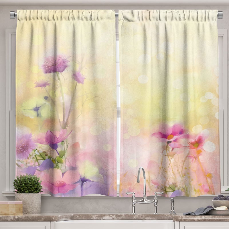 Ambesonne Flower Kitchen Curtains  Vintage Soft Colored Feminine Magnolia Blooms Whorls Motif Artwork Print  Window Drapes 2 Panel Set for Kitchen Cafe Decor  55"" x 39""  Yellow Pink - Image 1