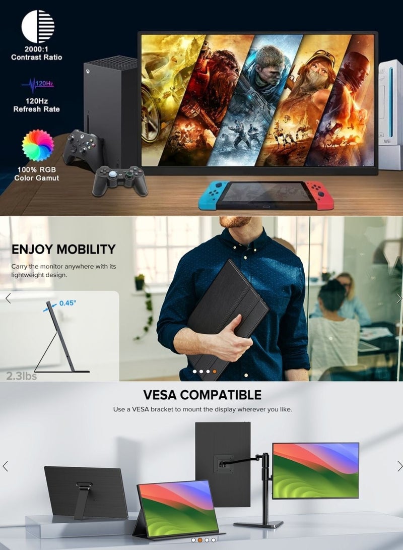 besrey  1.5K 120Hz Portable Gaming Monitor 18" 1920x1200 QHD 100% DCI-P3 FreeSync HDR Laptop w/VESA, Frameless Matte IPS Eye Care Second Monitor for Game Console - Image 3