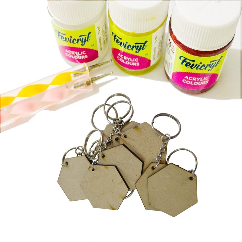 Ecomology 20 Pcs Hexagon Shape Key Chains with Ring (50 x 50) mm | Craft Work | It is Suitable for All Type of Craft Activities | Mandala Art MDF Board Suitable for Decoupage  - Image 3