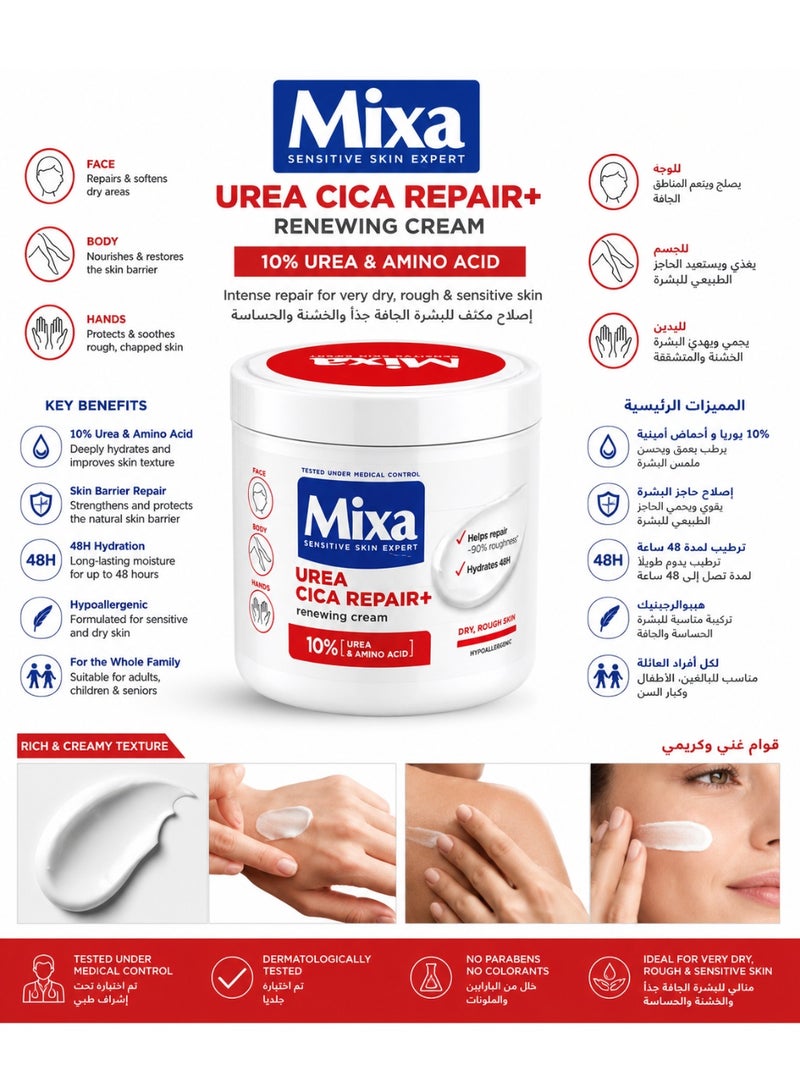 Mixa Urea Cica Repair+ Renewing Cream with 10% Urea & Amino Acid for Very Dry, Rough & Sensitive Skin, 400ml - Image 2