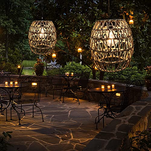 HERJIATK Outdoor Solar Hanging Lantern, Rattan Outdoor Chandelier Solar Chandelier Outdoor Outdoor Chandelier for Gazebo Solar Powered Hanging Lamp for Hallway Garden Patio Gazebo - Image 5
