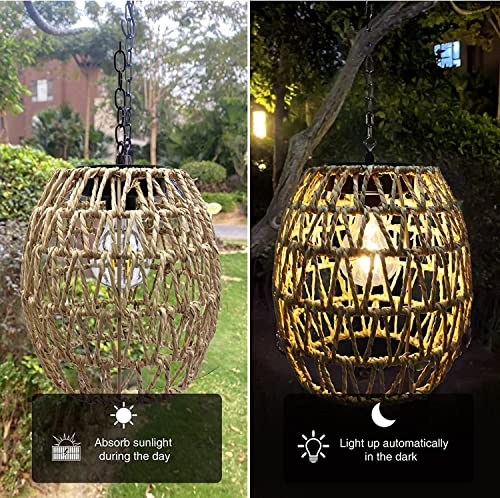 HERJIATK Outdoor Solar Hanging Lantern, Rattan Outdoor Chandelier Solar Chandelier Outdoor Outdoor Chandelier for Gazebo Solar Powered Hanging Lamp for Hallway Garden Patio Gazebo - Image 4