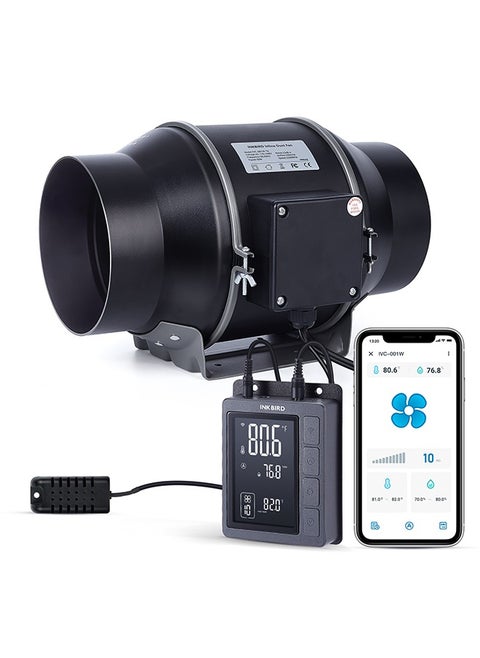مروحة قنوات INKBIRD الذكية IVC-001W مقاس 15 سم مع منظم سرعة متغير ومراقبة الحرارة/الرطوبة - منفاخ تهوية HVAC للصوب الزراعية والمطابخ والأقبية مروحة قنوات مدمجة
