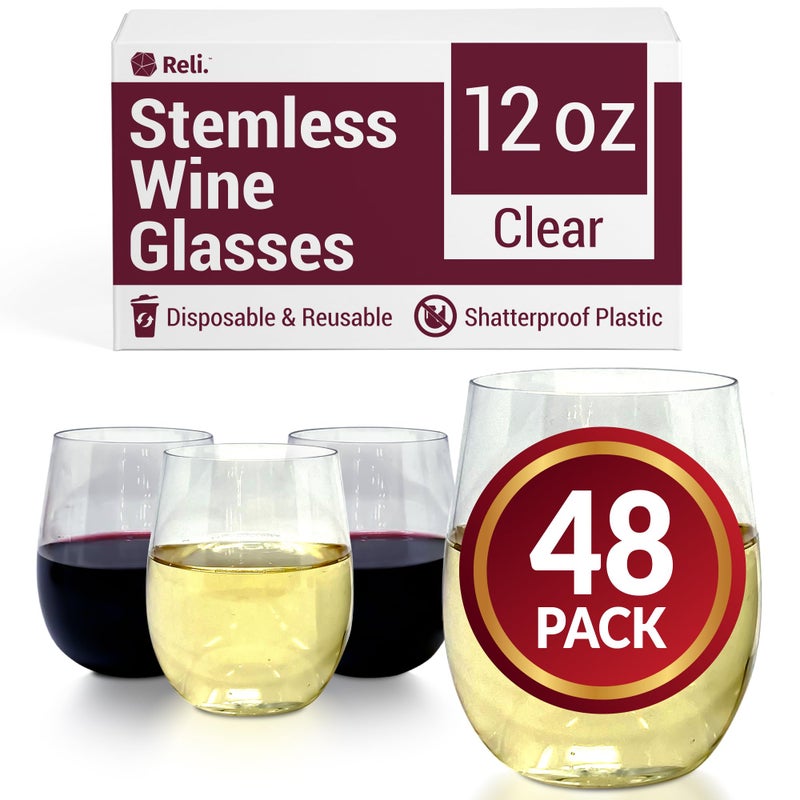 Reli. Disposable Wine Glasses (48 Pack, 12oz) Plastic Stemless Wine Glasses Disposable | Clear and Stemless for Parties, Cocktails, Whiskey, Weddings | Shatterproof - Image 1