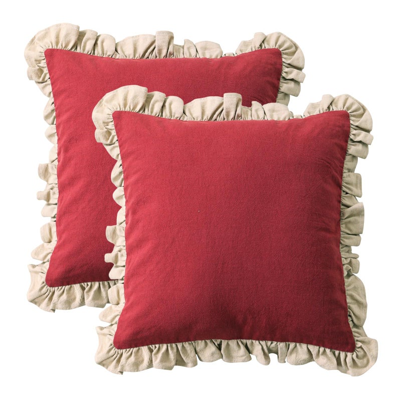 patdrea Shabby Chic Red Decorative Throw Pillow Covers 18x18 Set of 2,Farmhouse Red Linen Pillow Covers with Ruffles,Square Sturdy Throw Pillow Case for Couch Sofa Bed Living Room - Image 1