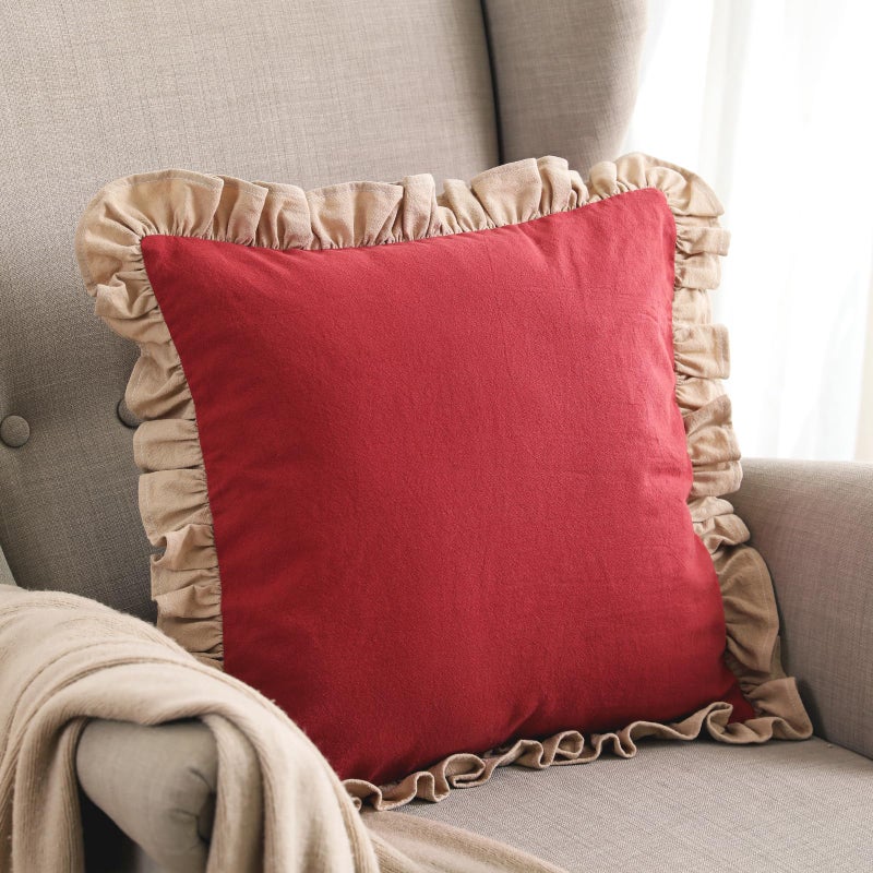 patdrea Shabby Chic Red Decorative Throw Pillow Covers 18x18 Set of 2,Farmhouse Red Linen Pillow Covers with Ruffles,Square Sturdy Throw Pillow Case for Couch Sofa Bed Living Room - Image 2