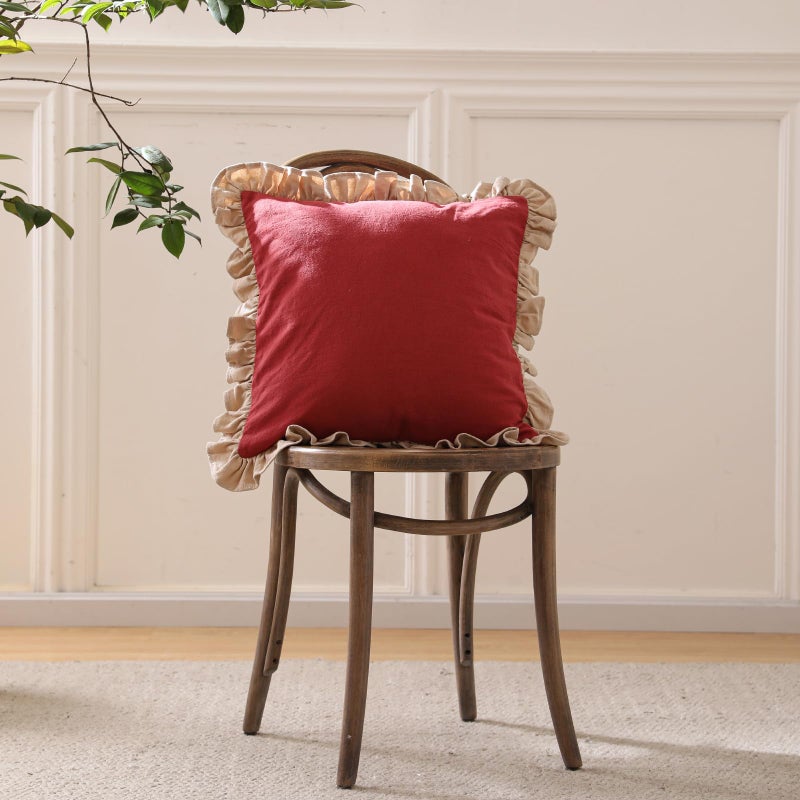 patdrea Shabby Chic Red Decorative Throw Pillow Covers 18x18 Set of 2,Farmhouse Red Linen Pillow Covers with Ruffles,Square Sturdy Throw Pillow Case for Couch Sofa Bed Living Room - Image 3