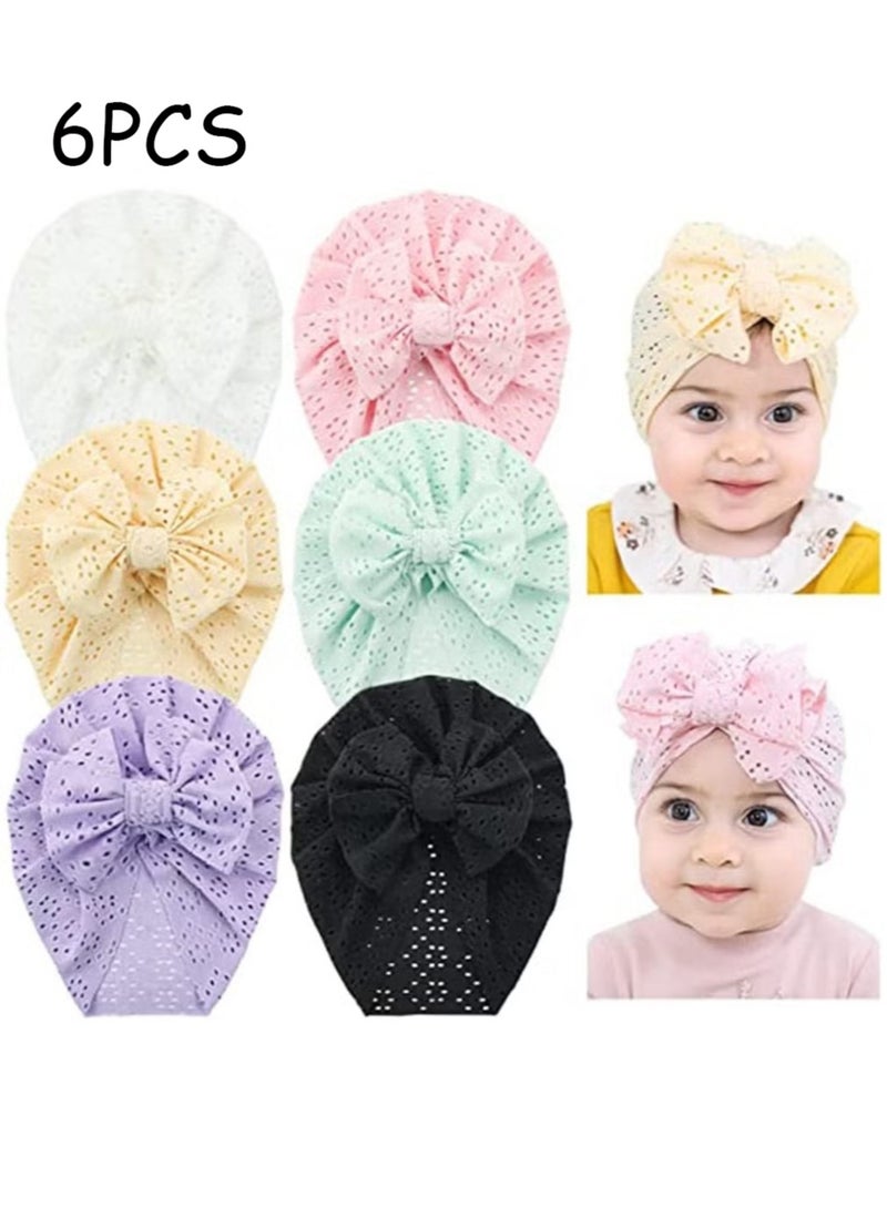 Unewshi Breathable Soft Big Bow Turban Hats, Beanie Caps Headwraps for Baby Girls Infants Toddlers Cute Toddler Cap Baby Turban Hats Turban Bun Knot 6 Pack - Image 1