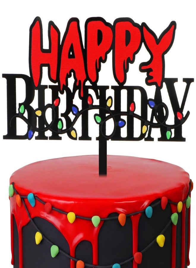 Sieral Red and Black Birthday Party Cake Topper Decoration Acrylic Spooky Black & Red and Colorful Light Bulbs Pattern Happy Birthday Cake Topper for Horror Themed Party Supplies Decor - Image 1