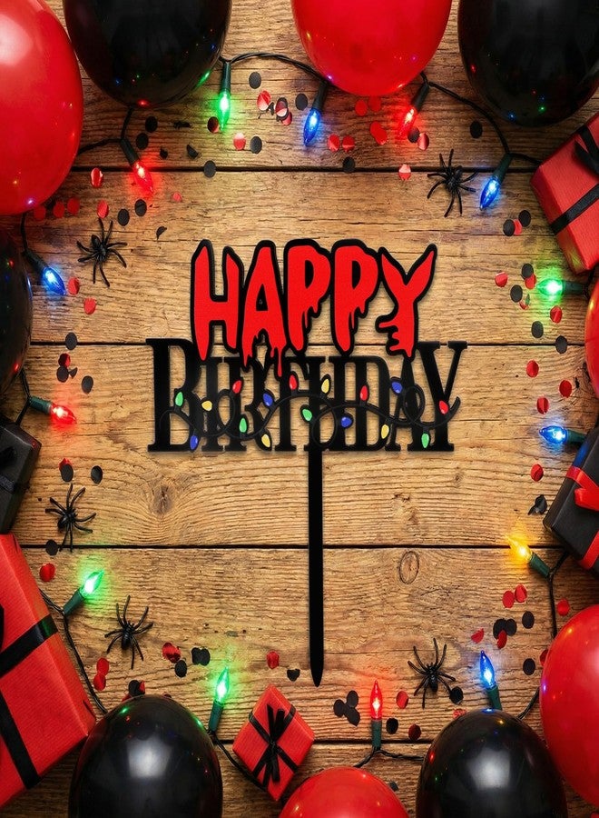 Sieral Red and Black Birthday Party Cake Topper Decoration Acrylic Spooky Black & Red and Colorful Light Bulbs Pattern Happy Birthday Cake Topper for Horror Themed Party Supplies Decor - Image 3