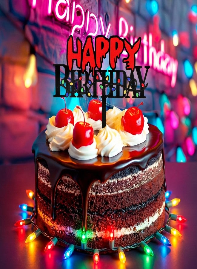 Sieral Red and Black Birthday Party Cake Topper Decoration Acrylic Spooky Black & Red and Colorful Light Bulbs Pattern Happy Birthday Cake Topper for Horror Themed Party Supplies Decor - Image 4