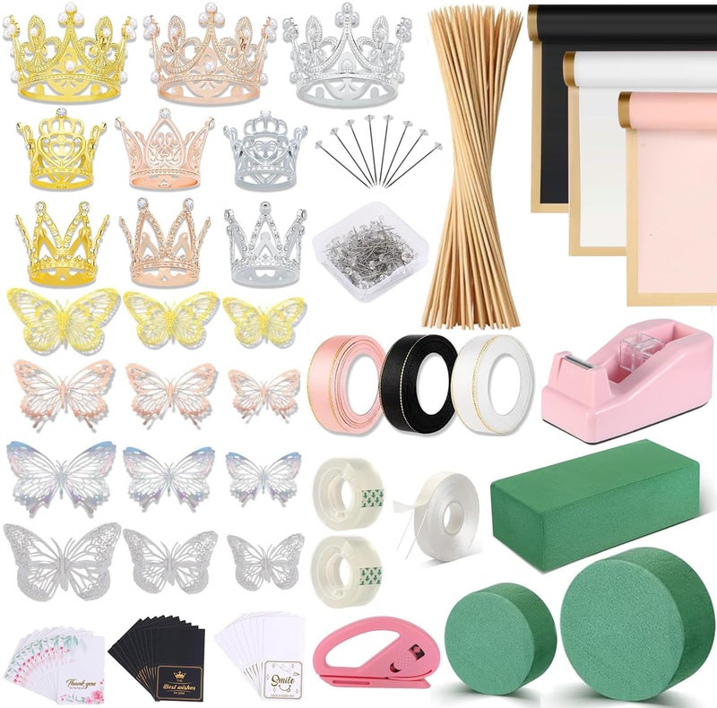 Majreey Floral Wrapping Paper Kit, 60Sheet Waterproof Floral Paper, 3Rolls Ribbon for Flower Bouquet, 2Rolls Transparent Tape,100Pcs Flower Pins, 48Pcs 3D Butterflies, 9Pcs Crowns 3 Floral Foam Blocks - Image 1
