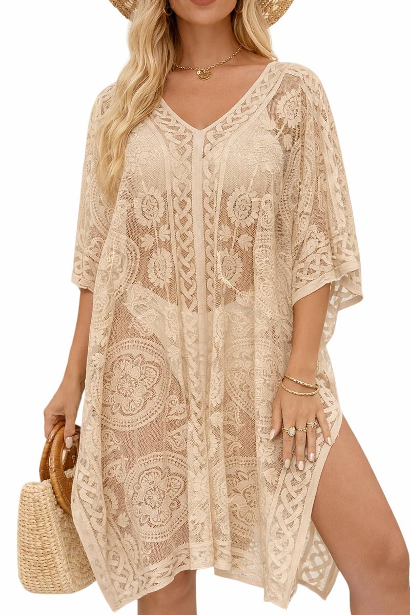 colornival Women's Swimwear Cover-Up for Beach and Pool, Lace V-Neck Swimsuit Dress, Bikini Cover-Up - Image 1