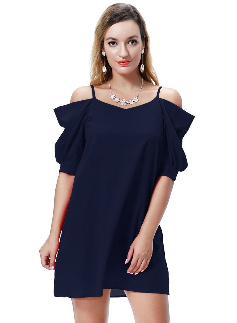 Loquat Women's Solid Color Off-Shoulder Mini Slip Dress Navy Blue