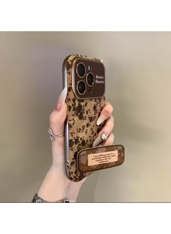 تيمو جراب موبايل بنقشة زهور بنية انيقة مع اطار ذهبي وستاند خلفي لتثبيت الموبايل خامة الجراب متينة تحمي الموبايل من الصدمات والخدوش متوافق مع ايفون 17 بروماكس - Image 1