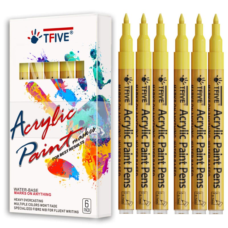 Yellow Marker Paint Pens 6 Pack Acrylic Yellow Permanent Marker 07mm Extra Fine Tip Paint Pen for Art Projects Drawing Rock Painting Ceramic Glass Wood Plastic Metal Canvas DIY Crafts