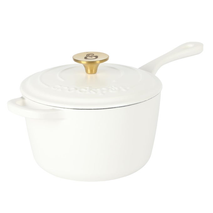CROCKPOT 3 QT EUROPEAN ENAMELED CAST IRON SAUCE PAN WLID MATTE LINEN WHITE