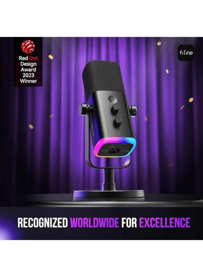 FIFINE XLR USB Dynamic Microphone for Podcast Recording PC Computer Gaming Streaming Mic with RGB Light Mute Button Headphones Jack Desktop Stand - Image 2