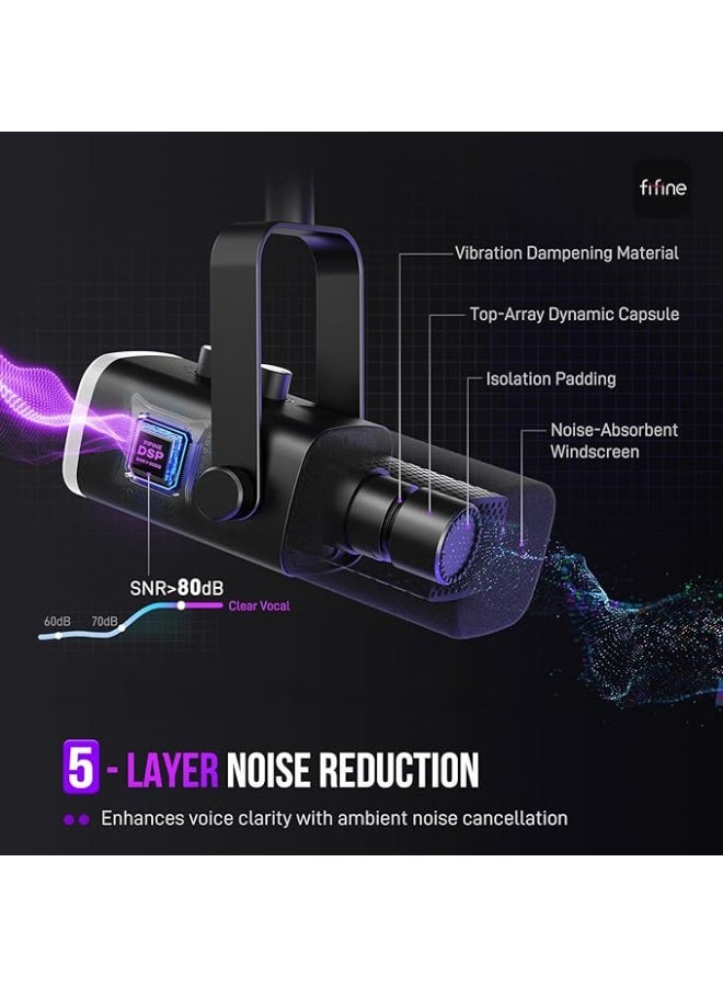 FIFINE XLR USB Dynamic Microphone for Podcast Recording PC Computer Gaming Streaming Mic with RGB Light Mute Button Headphones Jack Desktop Stand - Image 4