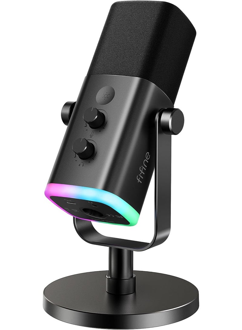 FIFINE XLR USB Dynamic Microphone for Podcast Recording PC Computer Gaming Streaming Mic with RGB Light Mute Button Headphones Jack Desktop Stand - Image 1