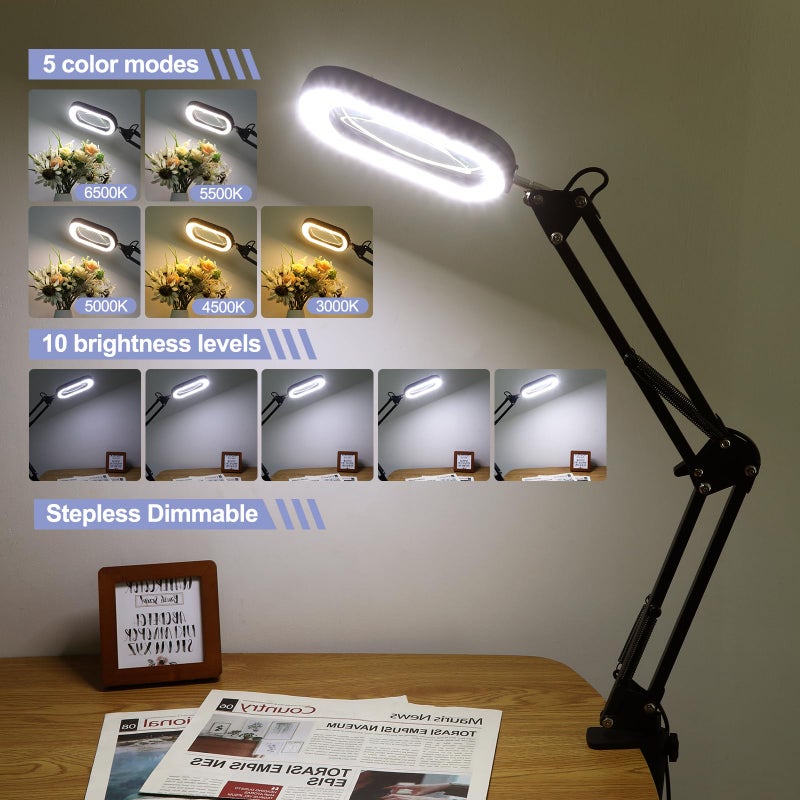 Drdefi 10X Square Magnifying Glass with Light and Stand, Real Glass LED Lighted Magnifier, 5 Color Modes Stepless Dimmable, Hands-Free Mag Desk Lamp with Clamp for Reading Craft Hobby Close Work Black - Image 2
