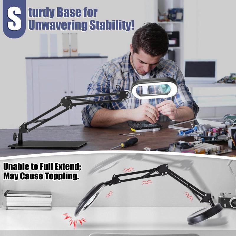Drdefi 10X Square Magnifying Glass with Light and Stand, Real Glass LED Lighted Magnifier, 5 Color Modes Stepless Dimmable, Hands-Free Mag Desk Lamp with Clamp for Reading Craft Hobby Close Work Black - Image 4