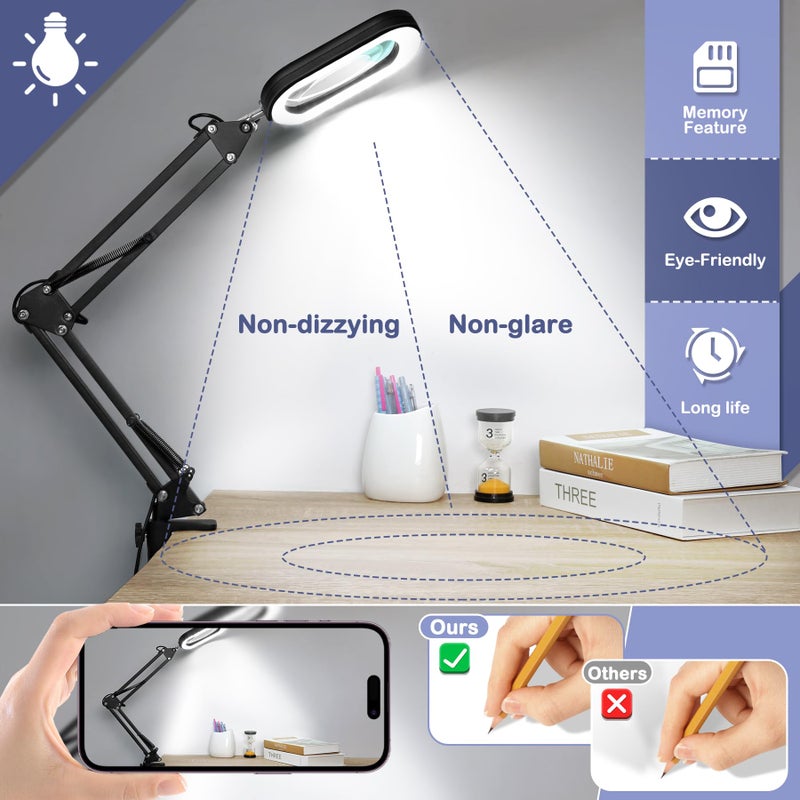 Drdefi 10X Square Magnifying Glass with Light and Stand, Real Glass LED Lighted Magnifier, 5 Color Modes Stepless Dimmable, Hands-Free Mag Desk Lamp with Clamp for Reading Craft Hobby Close Work Black - Image 5