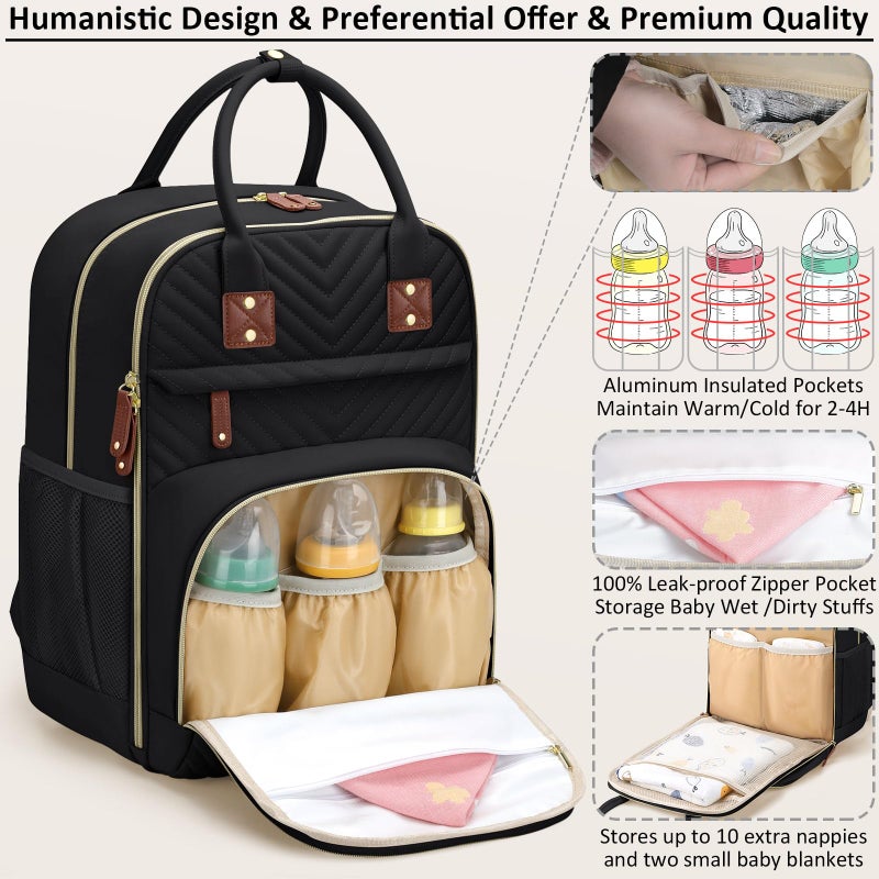 Tenot Diaper Bag Backpack for Women with Changing Pad, Baby Bag with Insulated Pockets Multifunctional Diaper Bags For Baby Girl Boy Waterproof Baby Bags For Boys Girls Maternity Bag Black - Image 2
