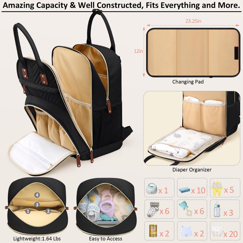 Tenot Diaper Bag Backpack for Women with Changing Pad, Baby Bag with Insulated Pockets Multifunctional Diaper Bags For Baby Girl Boy Waterproof Baby Bags For Boys Girls Maternity Bag Black - Image 3
