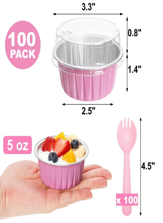 DEAYOU 100 Pack Aluminium Foil Baking Cups, 5oz Mini Cake Pans with Lids and Spoons, Disposable Ramekin Cupcake Liners, Pie Tins Muffin Pan for Wedding, Party, Valentine, Girls' Day, Women's Day, Pink - Image 2