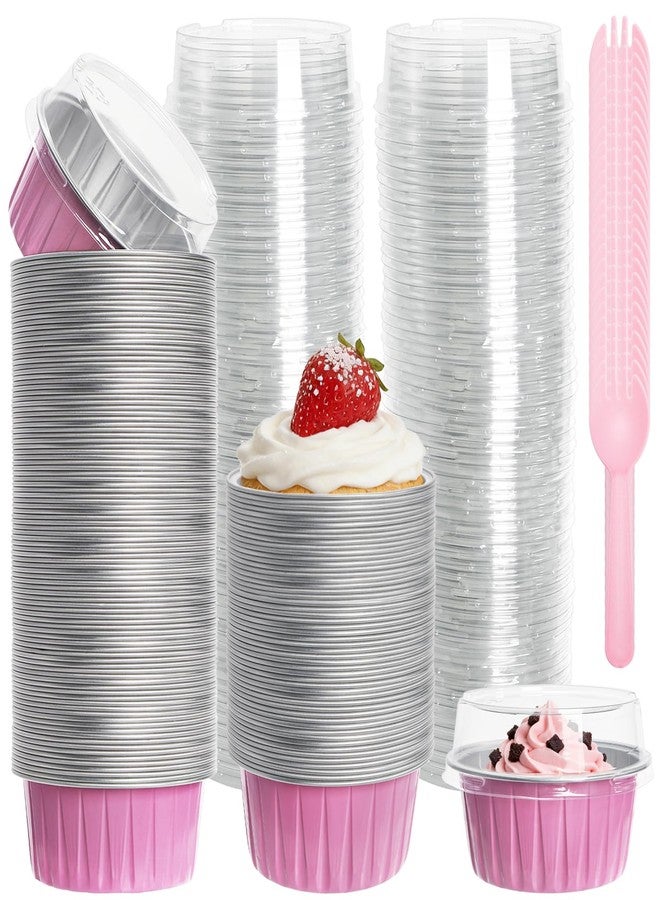 DEAYOU 100 Pack Aluminium Foil Baking Cups, 5oz Mini Cake Pans with Lids and Spoons, Disposable Ramekin Cupcake Liners, Pie Tins Muffin Pan for Wedding, Party, Valentine, Girls' Day, Women's Day, Pink - Image 1