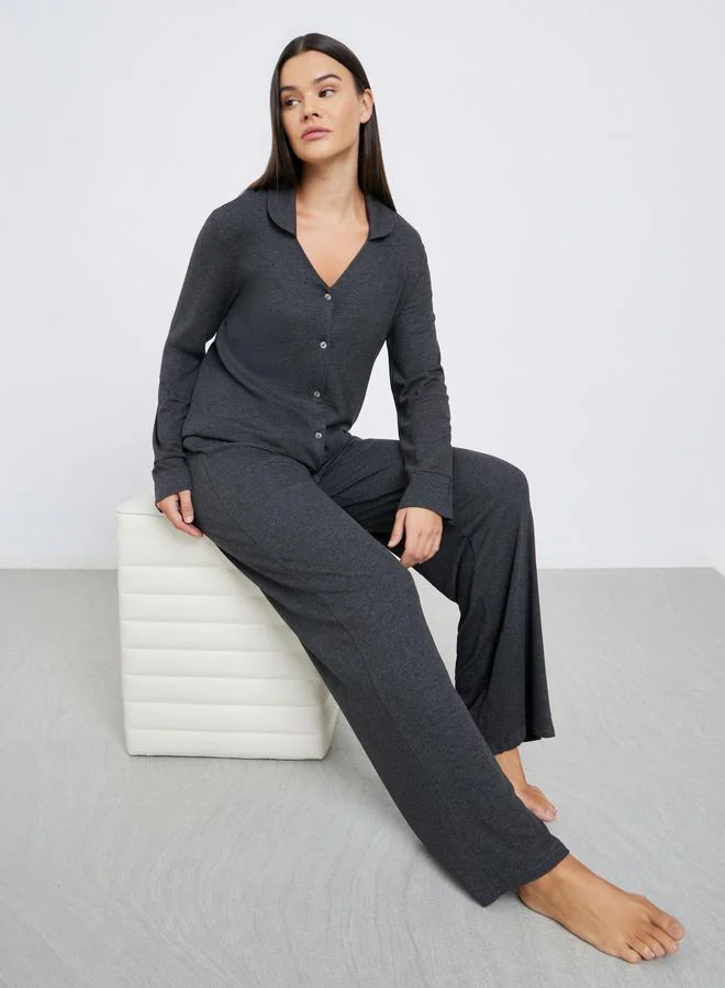 Styli Supersoft Viscose Open Collar Buttoned Shirt and Pyjama Set