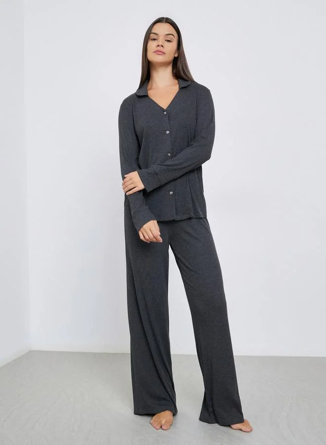Styli Supersoft Viscose Open Collar Buttoned Shirt and Pyjama Set
