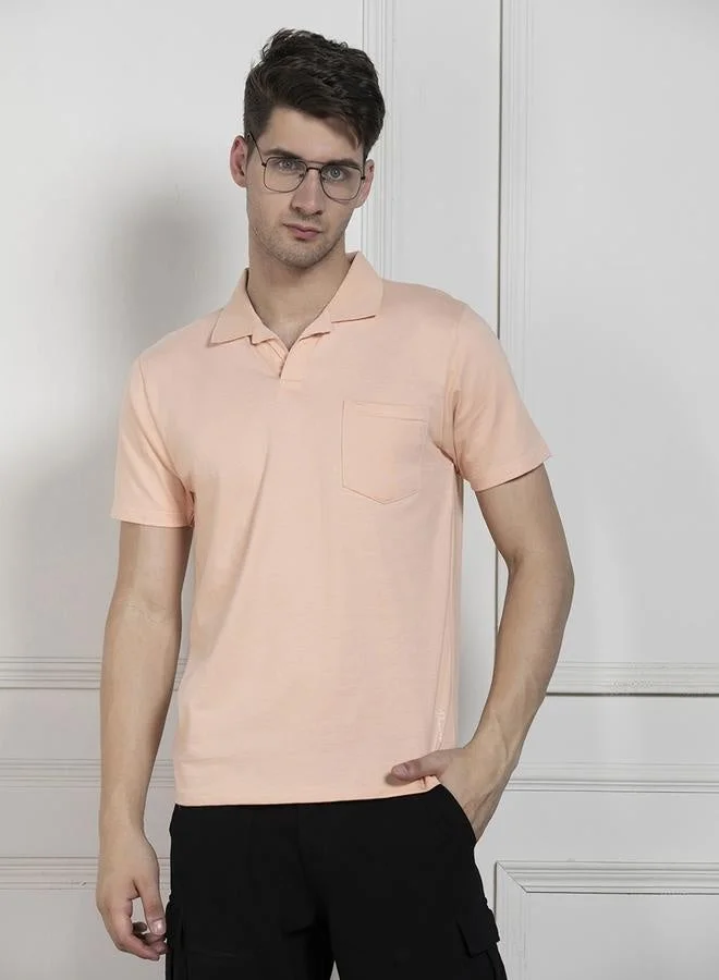 Regular Fit Peach Cotton-Poly Polo Neck T-Shirt
