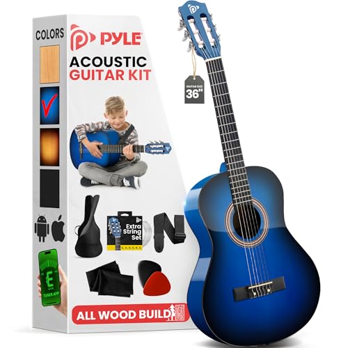 Pyle Beginner Acoustic Guitar Kit 34 Junior Size All Wood Instrument for Kids Adults 36 Blue Burst Gloss